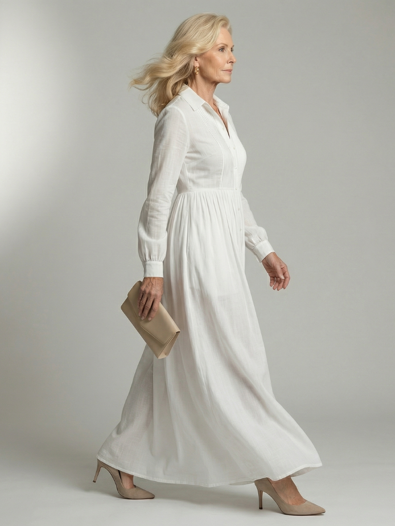 Lorena™ | Vestido Maxi Blanco de Manga Larga con Botones y Bolsillos" 

Rewritten: "Lorena™ | Vestido Largo Blanco de Manga Larga con Botones y Bolsillos