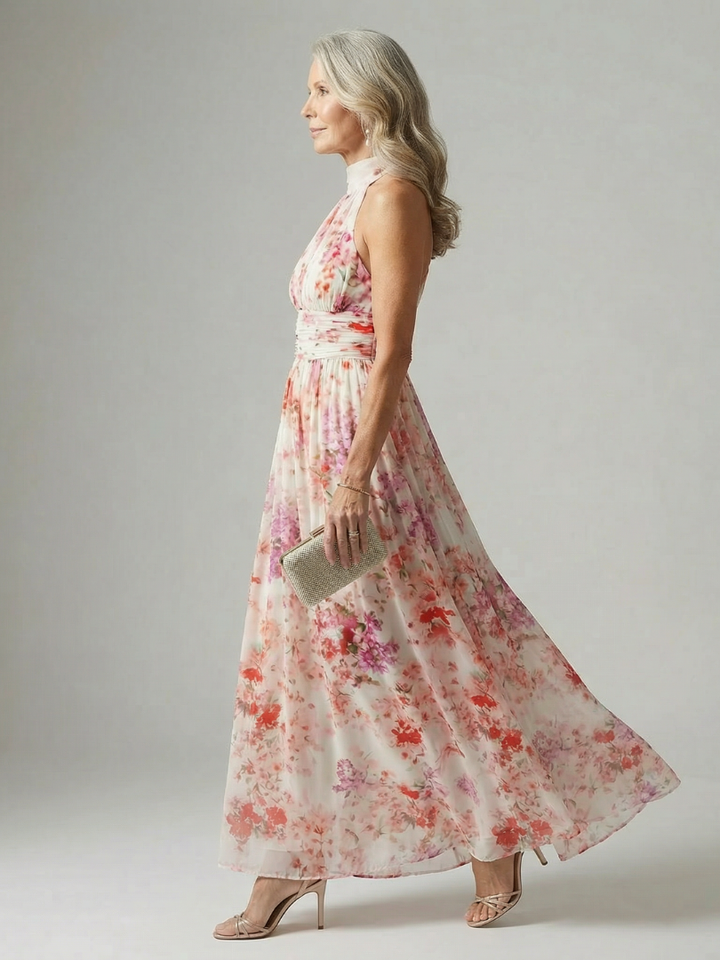 Elyana™ | Vestido Maxi Floral con Escote Halter de Tejido Suave