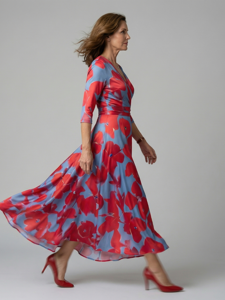 Celeste™ | Vestido Midi Floral con Escote Cruzado y Mangas Tres Cuartos