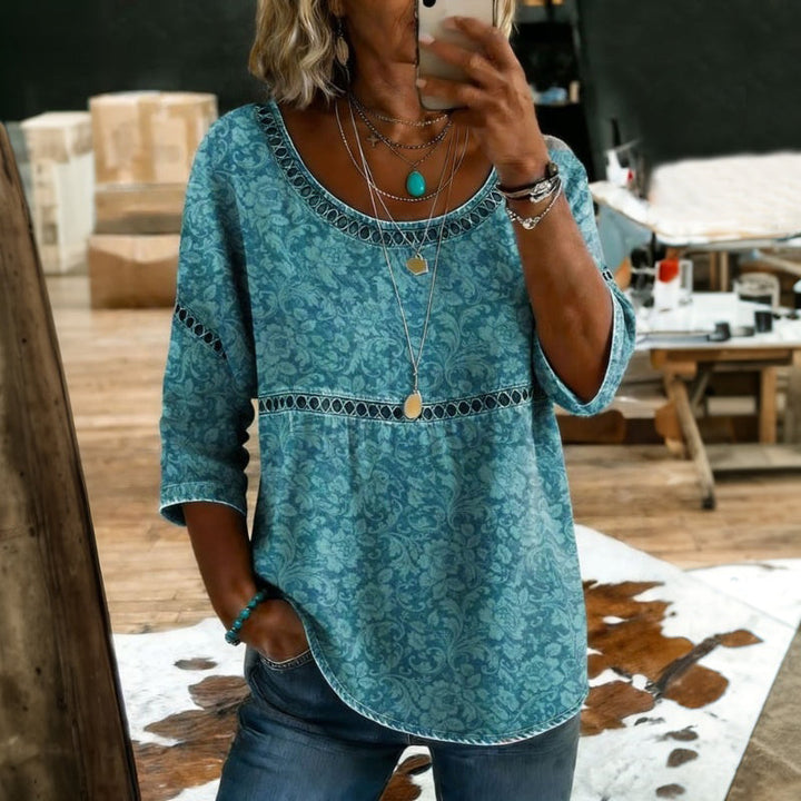 Yolanda™ | Blusa Vintage Turquesa con Detalles Étnicos en la Cintura