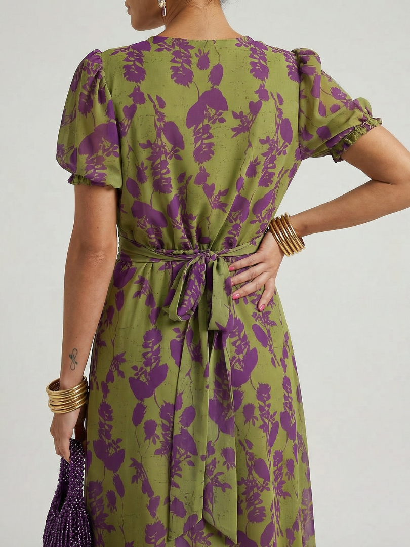 Virena™ | Vestido Midi Floral con Cruzado y Manga Corta