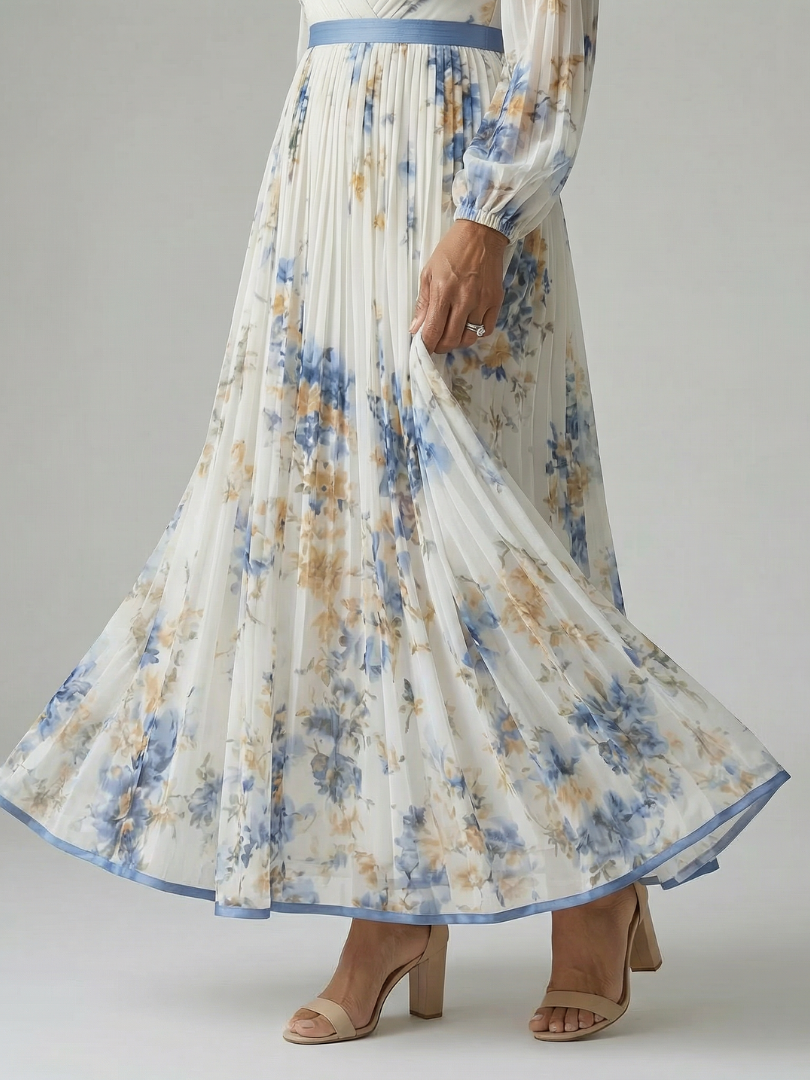 Riana™ | Vestido Midi Floral Cruzado con Falda Plisada y Mangas Largas