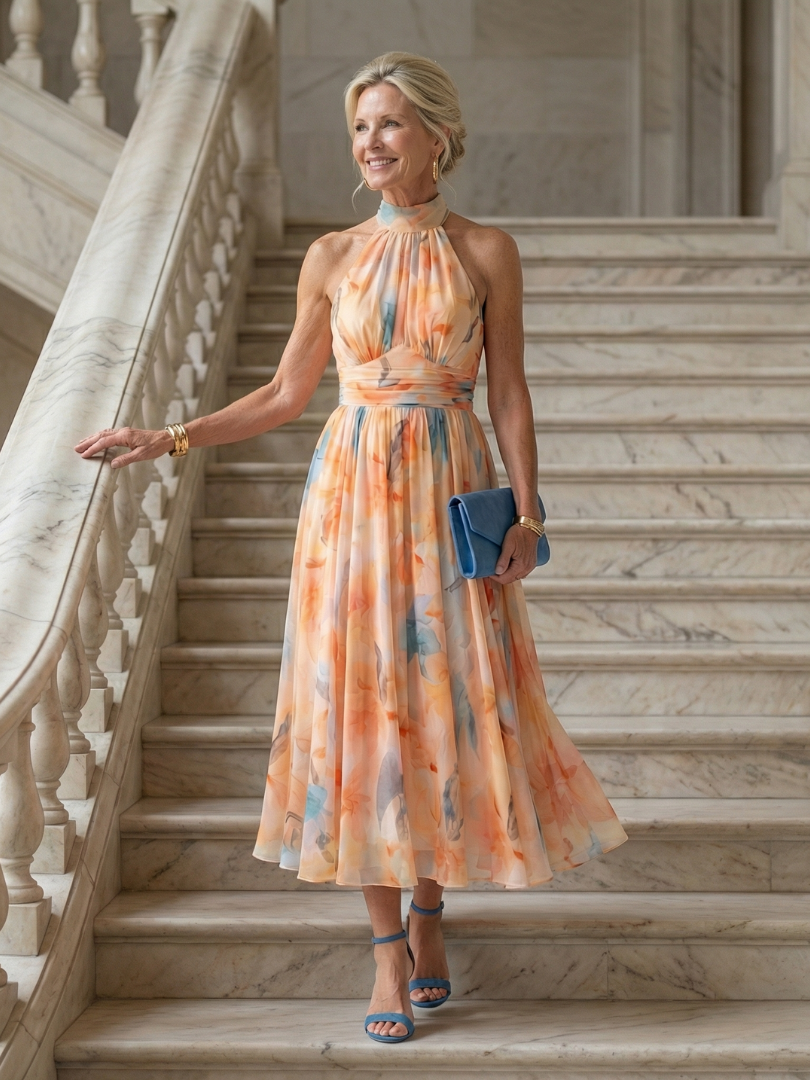 Elina™ | Vestido Midi Halter con Detalles Fruncidos