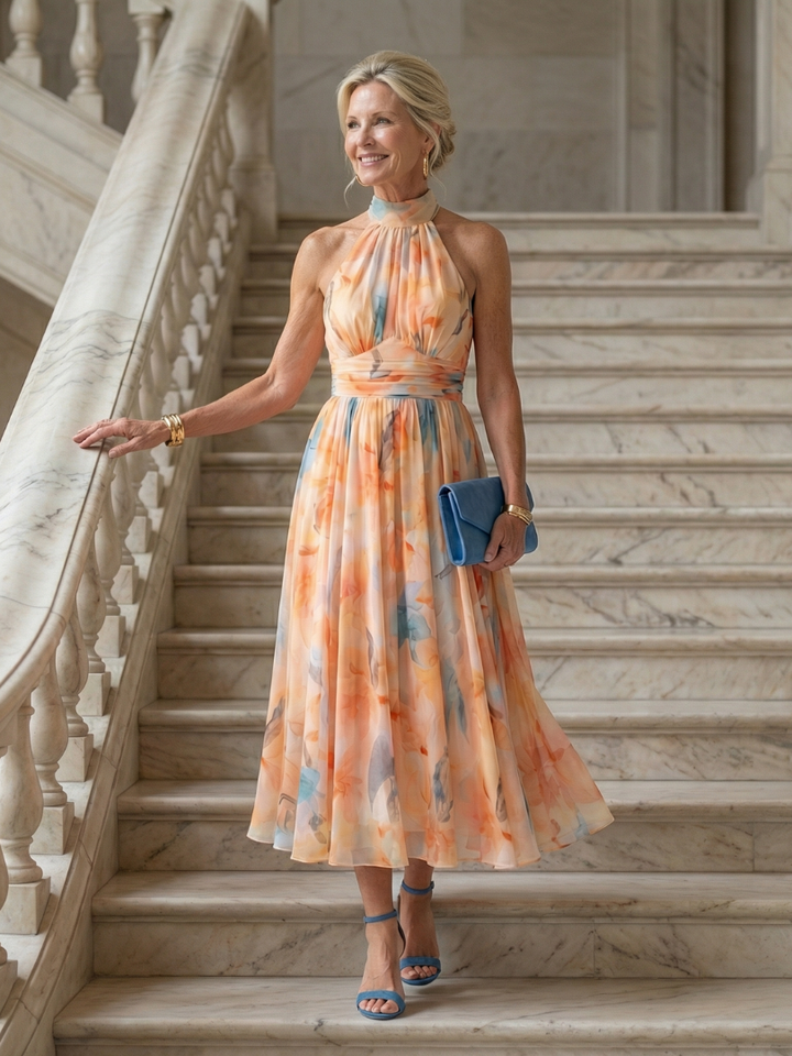 Elina™ | Vestido Midi Halter con Detalles Fruncidos