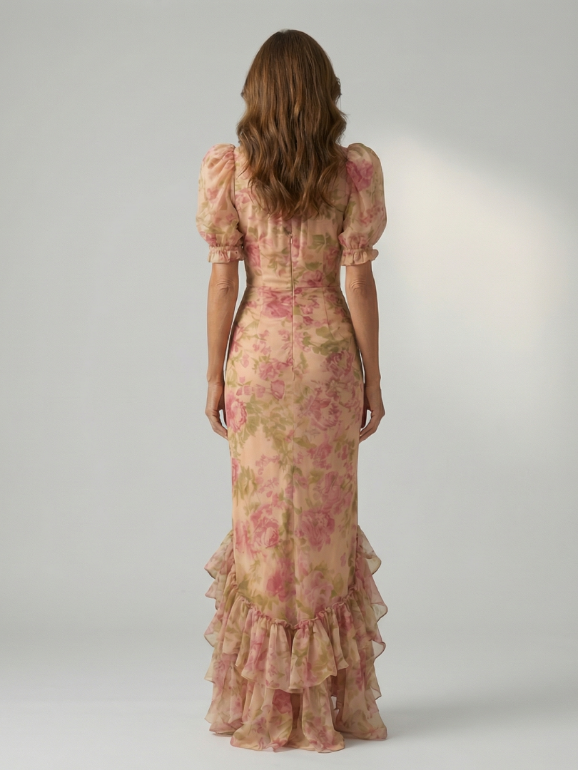 Viviana™ | Vestido Maxi Floral de Cuello Alto y Mangas Abullonadas