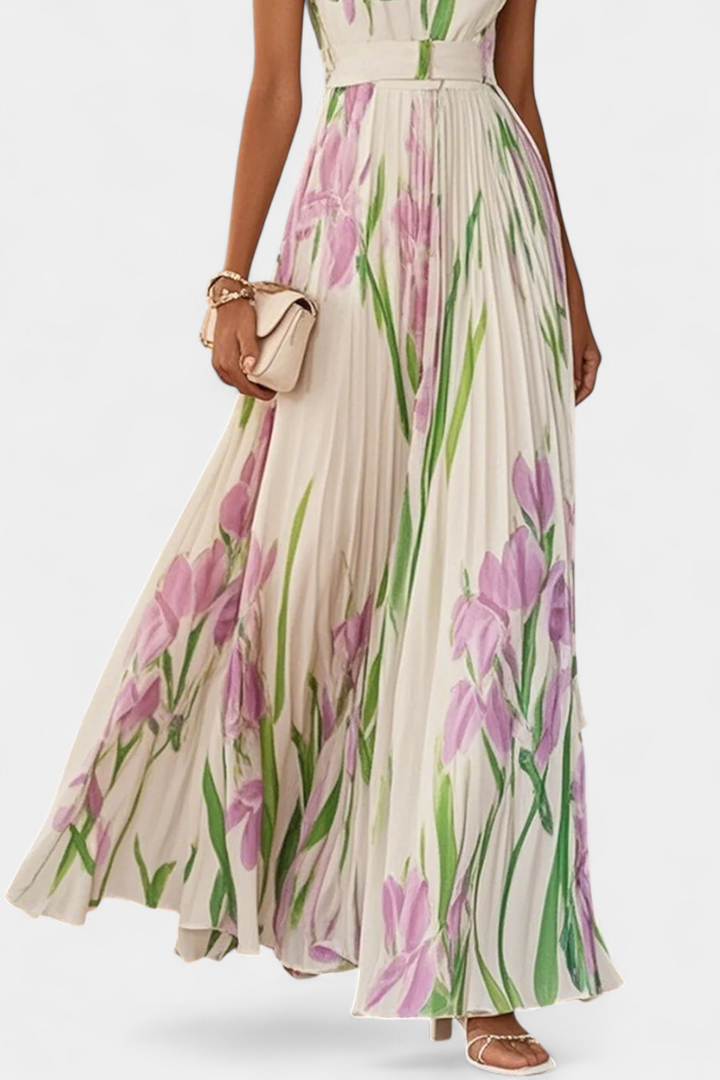 Vestido Largo Plisado Calanthe con Estampado Floral y Escote Cuadrado