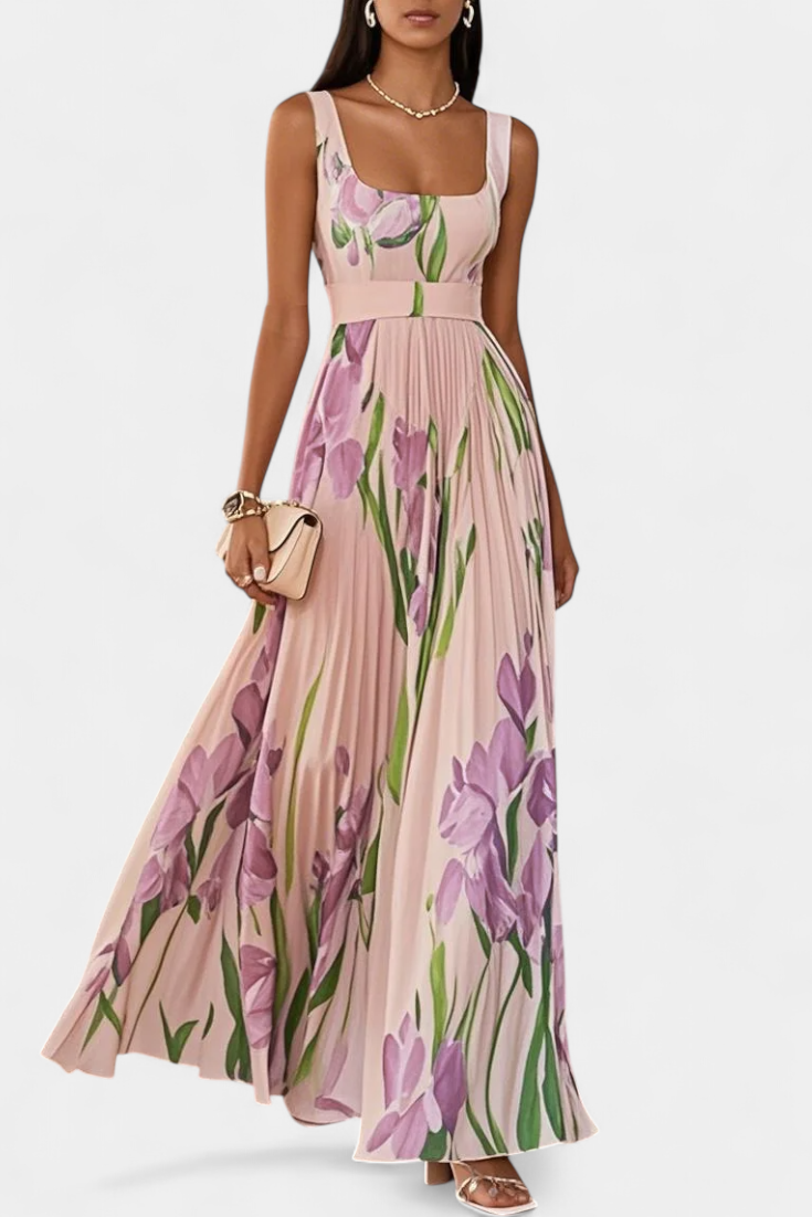 Vestido Largo Plisado Calanthe con Estampado Floral y Escote Cuadrado