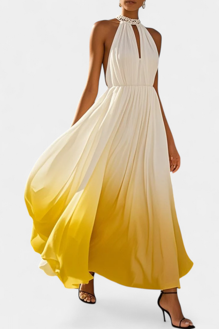 Maxi Vestido Halter Plisado Starla con Elegantes Detalles de Perlas