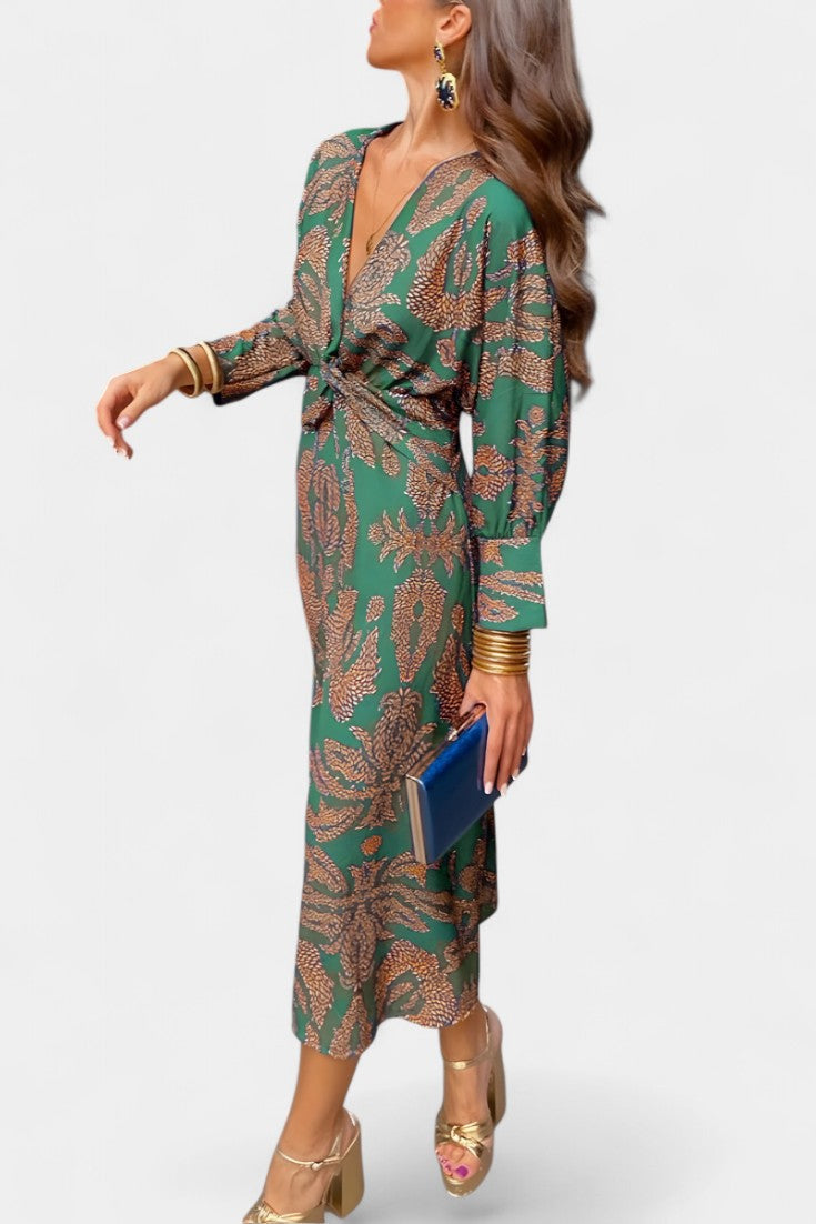 Vestido Maxi Elara con Escote en V y Detalle de Nudo Frontal