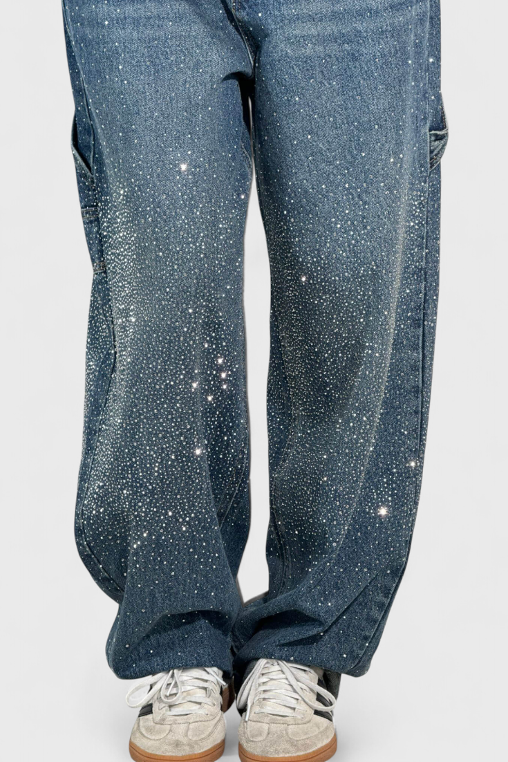 Dariya Cargo Balloon Jeans with Shine and Rhinestone Embellishments