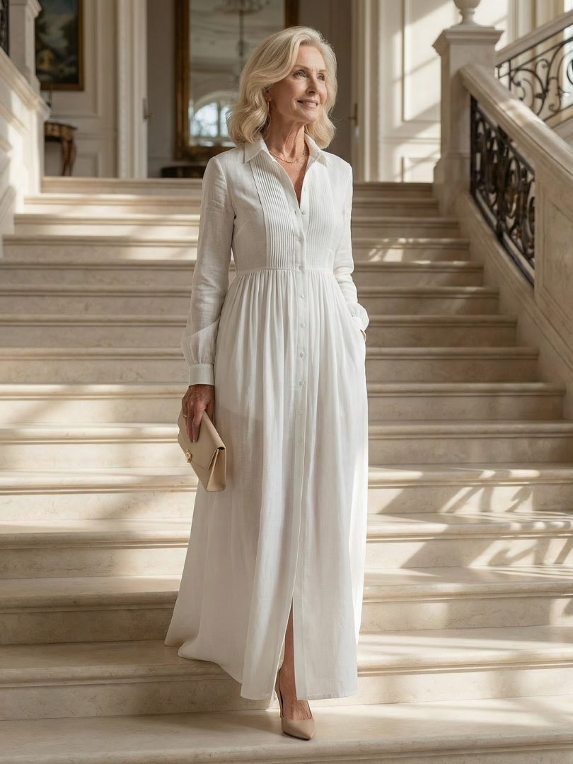 Lorena™ | Vestido Maxi Blanco de Manga Larga con Botones y Bolsillos" 

Rewritten: "Lorena™ | Vestido Largo Blanco de Manga Larga con Botones y Bolsillos