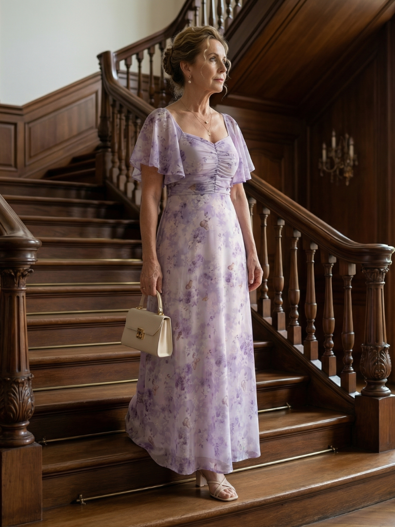 Valentía™ | Vestido Largo Floral con Mangas de Mariposa y Escote Cuadrado