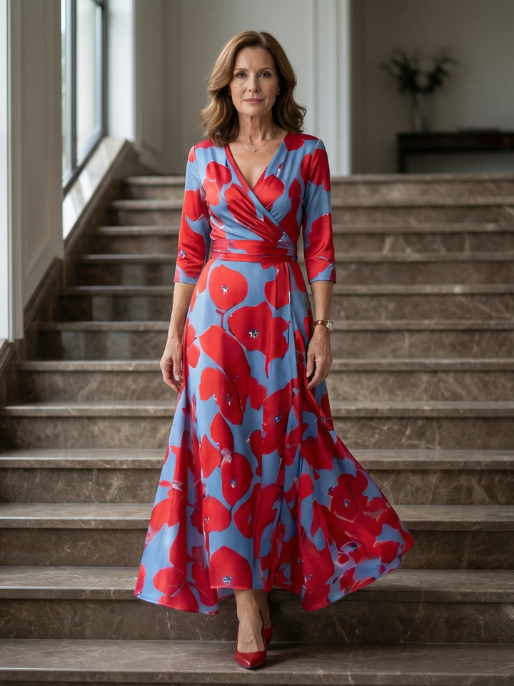 Celeste™ | Vestido Midi Floral con Escote Cruzado y Mangas Tres Cuartos