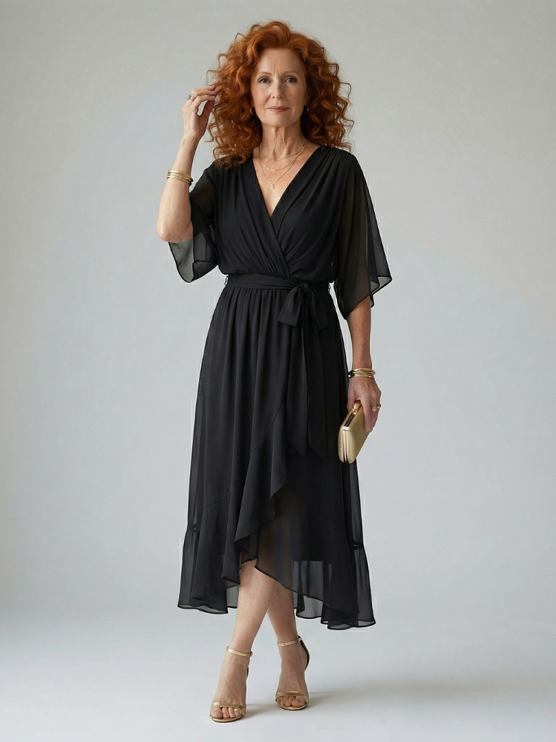 Elvira™ | Vestido Midi con Drapeado, Cinturón y Mangas de Codo