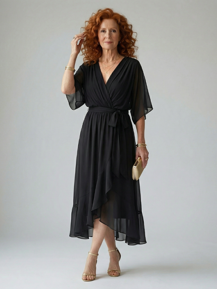Elvira™ | Vestido Midi con Drapeado, Cinturón y Mangas de Codo