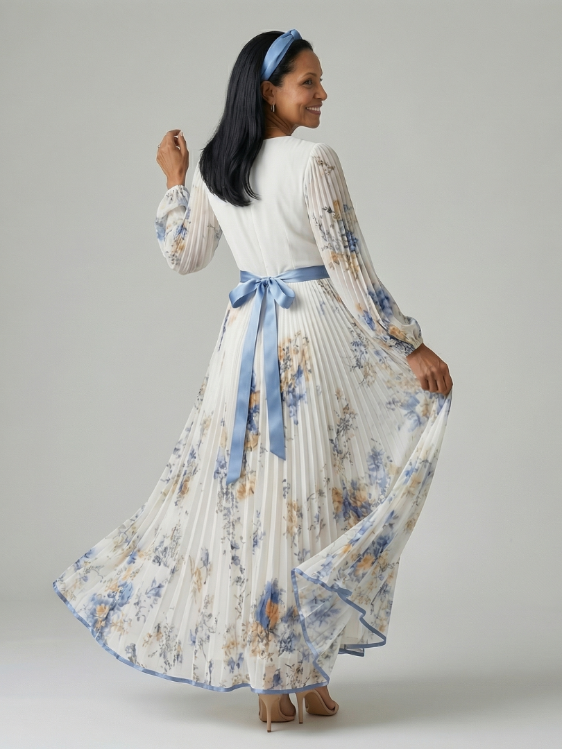 Riana™ | Vestido Midi Floral Cruzado con Falda Plisada y Mangas Largas