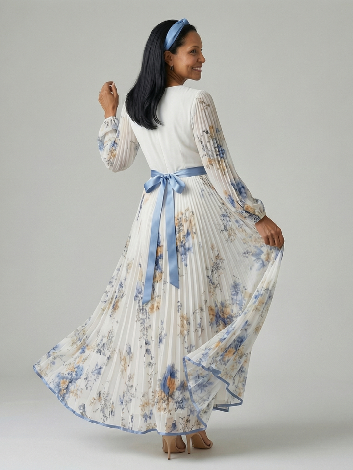 Riana™ | Vestido Midi Floral Cruzado con Falda Plisada y Mangas Largas