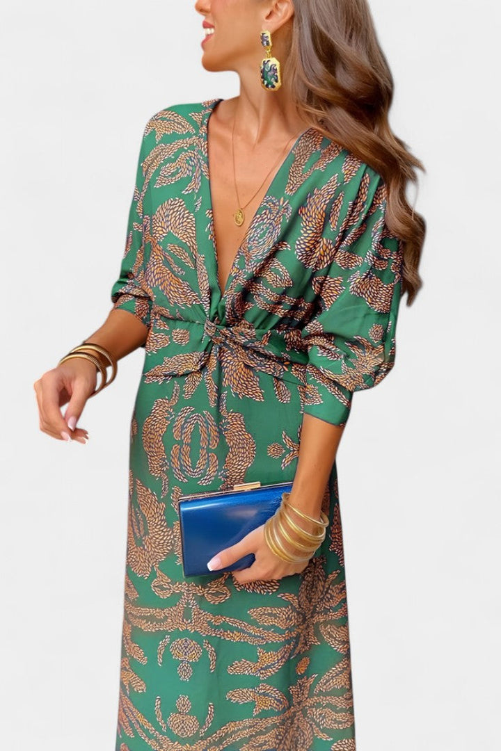 Vestido Maxi Elara con Escote en V y Detalle de Nudo Frontal
