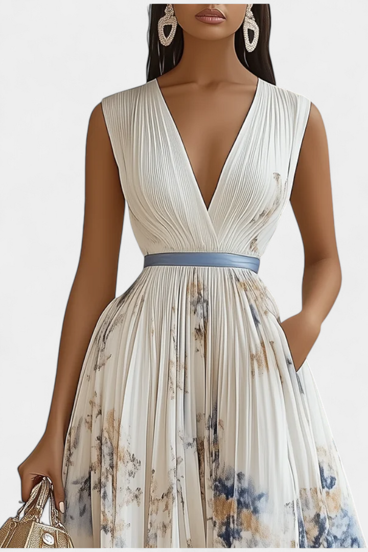 Vestido Midi Sin Mangas Elise con Estampado Floral y Pliegues