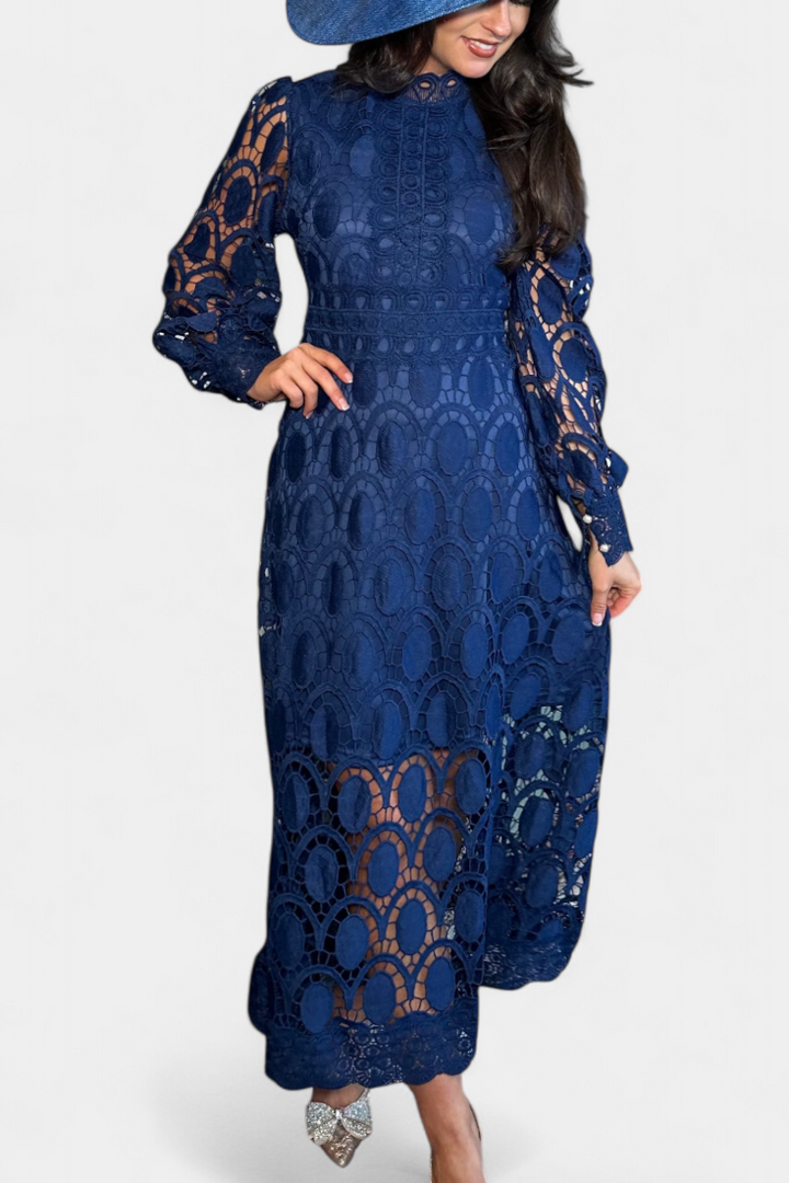 Jovie Vestido Midi de Encaje con Bordado y Cuello Alto