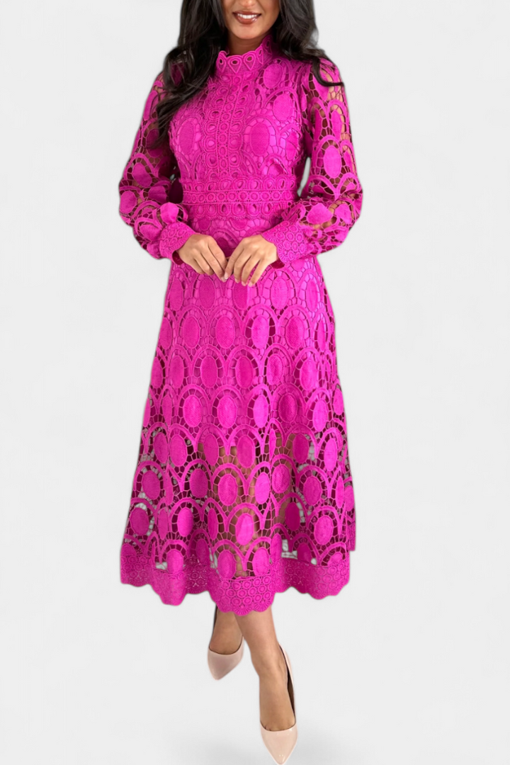 Jovie Vestido Midi de Encaje con Bordado y Cuello Alto