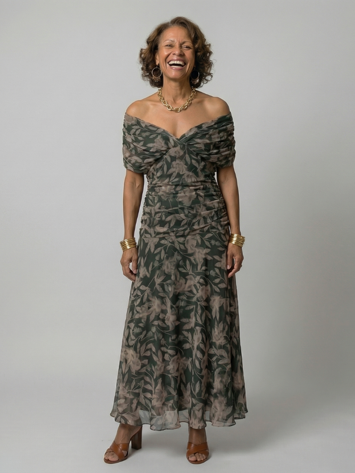 Calena™ | Vestido Midi Off-Shoulder con Escote Drapé