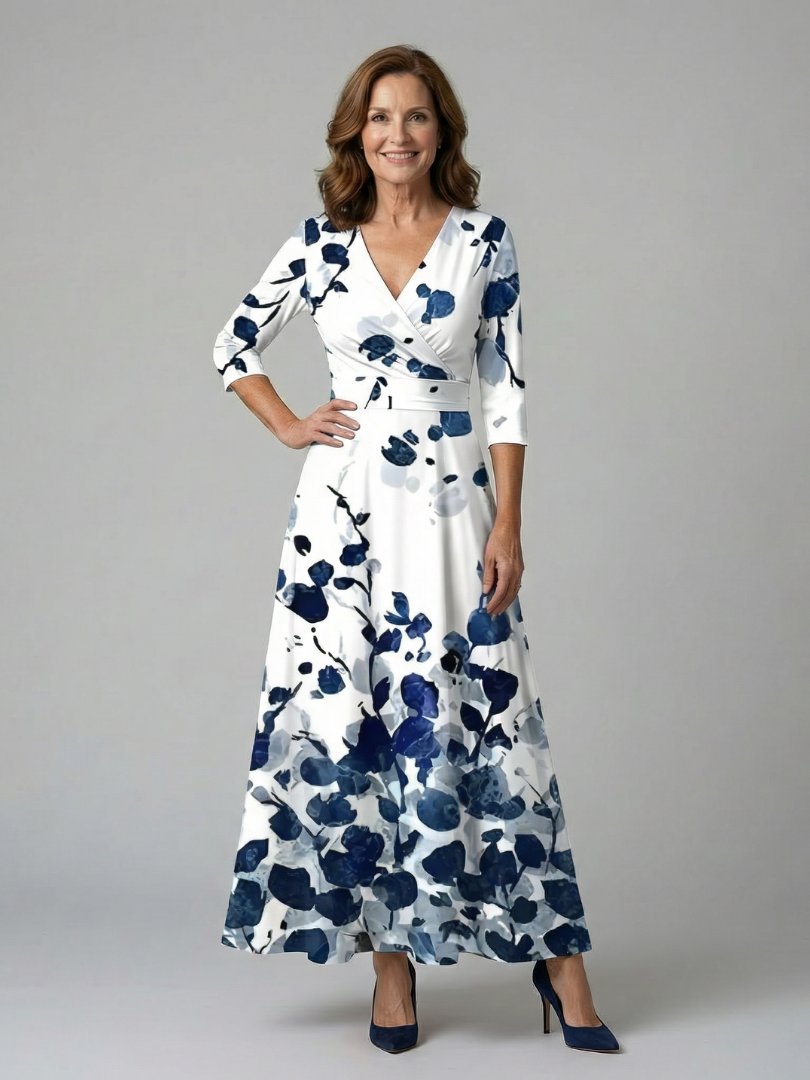 Celeste™ | Vestido Midi Floral con Escote Cruzado y Mangas Tres Cuartos