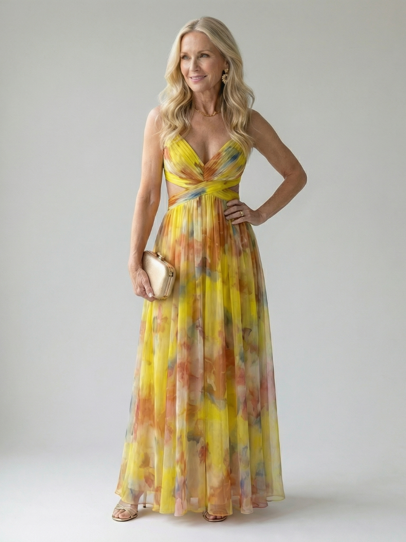 Isela™ | Vestido Maxi Cruzado con Degradado de Color y Delicados Tirantes