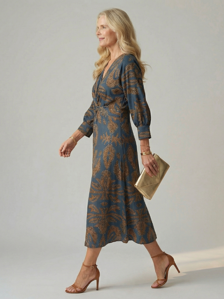 Luna™ | Vestido Midi de Manga Larga Cruzado con Estampado Natural