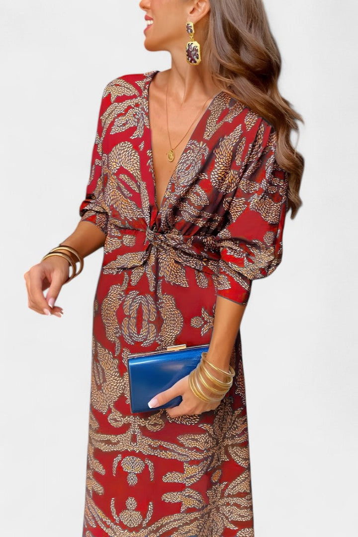 Vestido Maxi Elara con Escote en V y Detalle de Nudo Frontal
