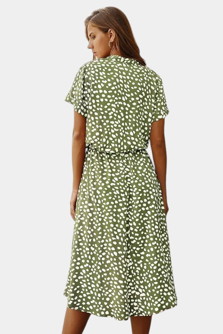Vestido Midi de Lunares Rovena con Cuello Camisero y Cintura Ajustable