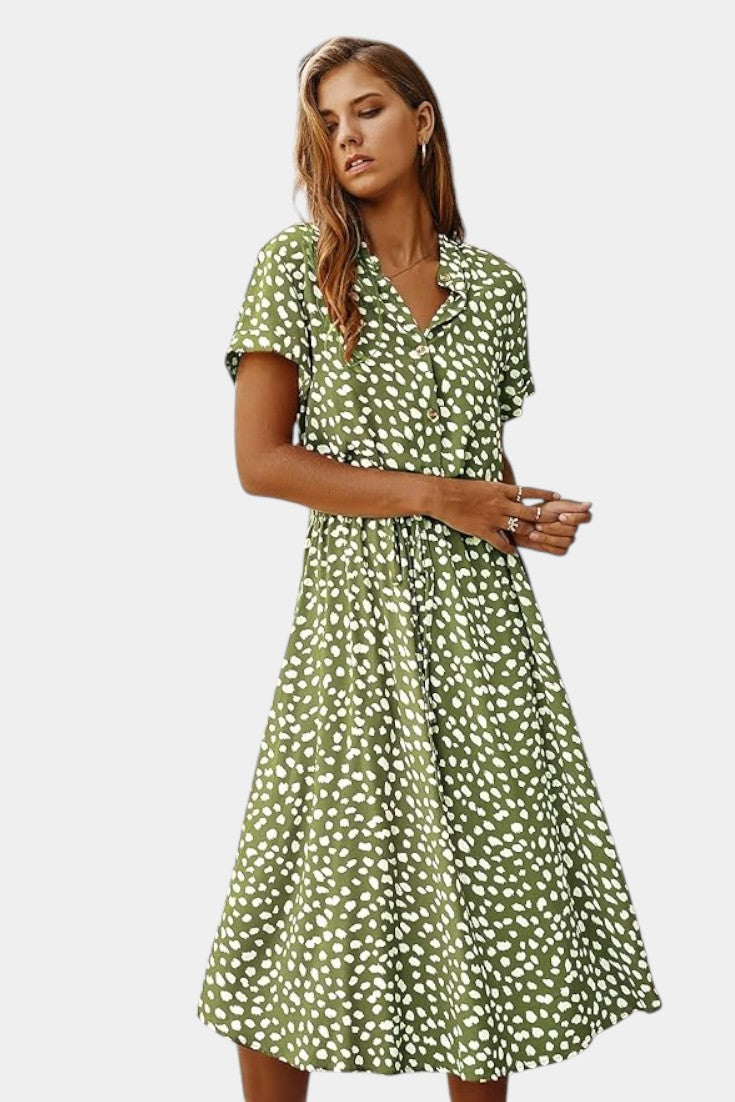 Vestido Midi de Lunares Rovena con Cuello Camisero y Cintura Ajustable