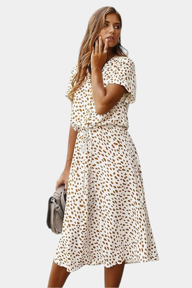 Vestido Midi de Lunares Rovena con Cuello Camisero y Cintura Ajustable