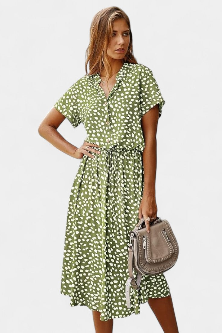 Vestido Midi de Lunares Rovena con Cuello Camisero y Cintura Ajustable