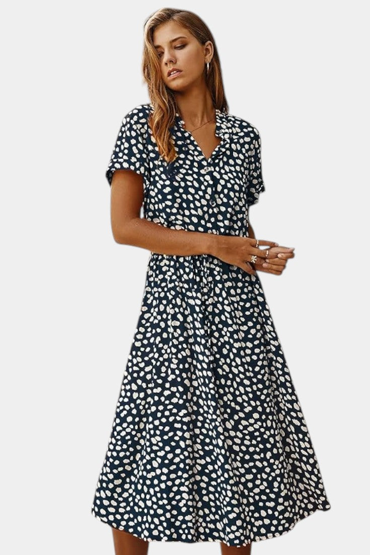 Vestido Midi de Lunares Rovena con Cuello Camisero y Cintura Ajustable