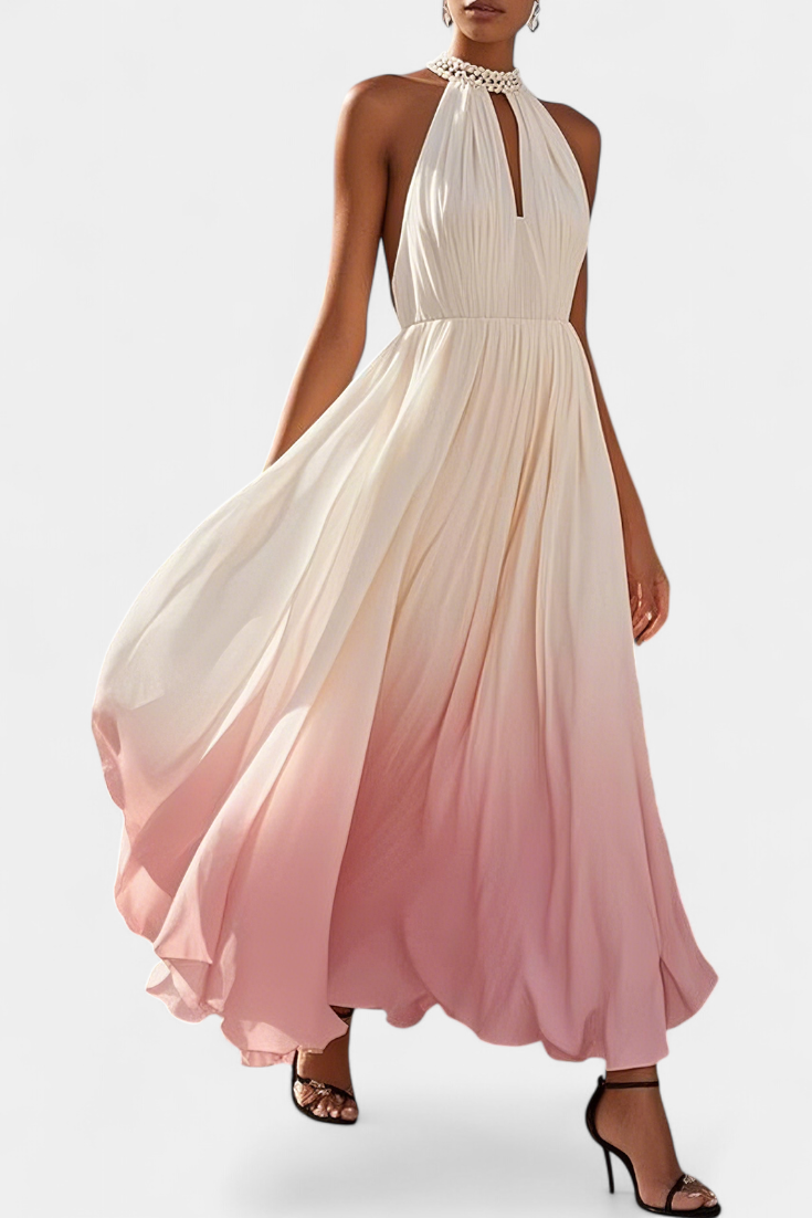 Maxi Vestido Halter Plisado Starla con Elegantes Detalles de Perlas