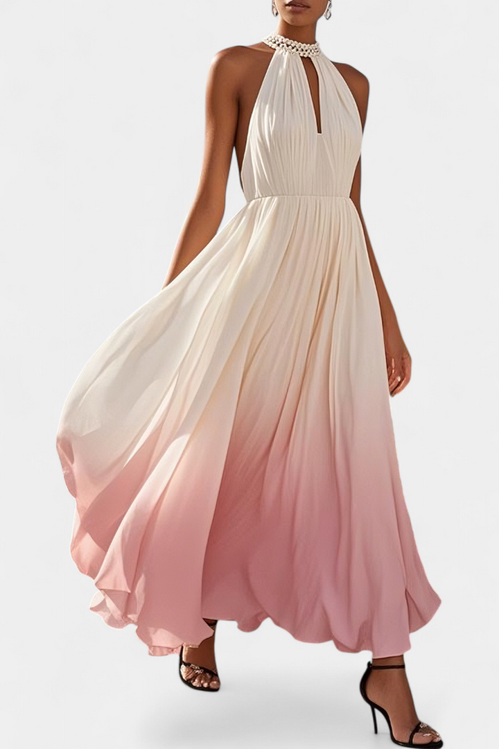 Maxi Vestido Halter Plisado Starla con Elegantes Detalles de Perlas