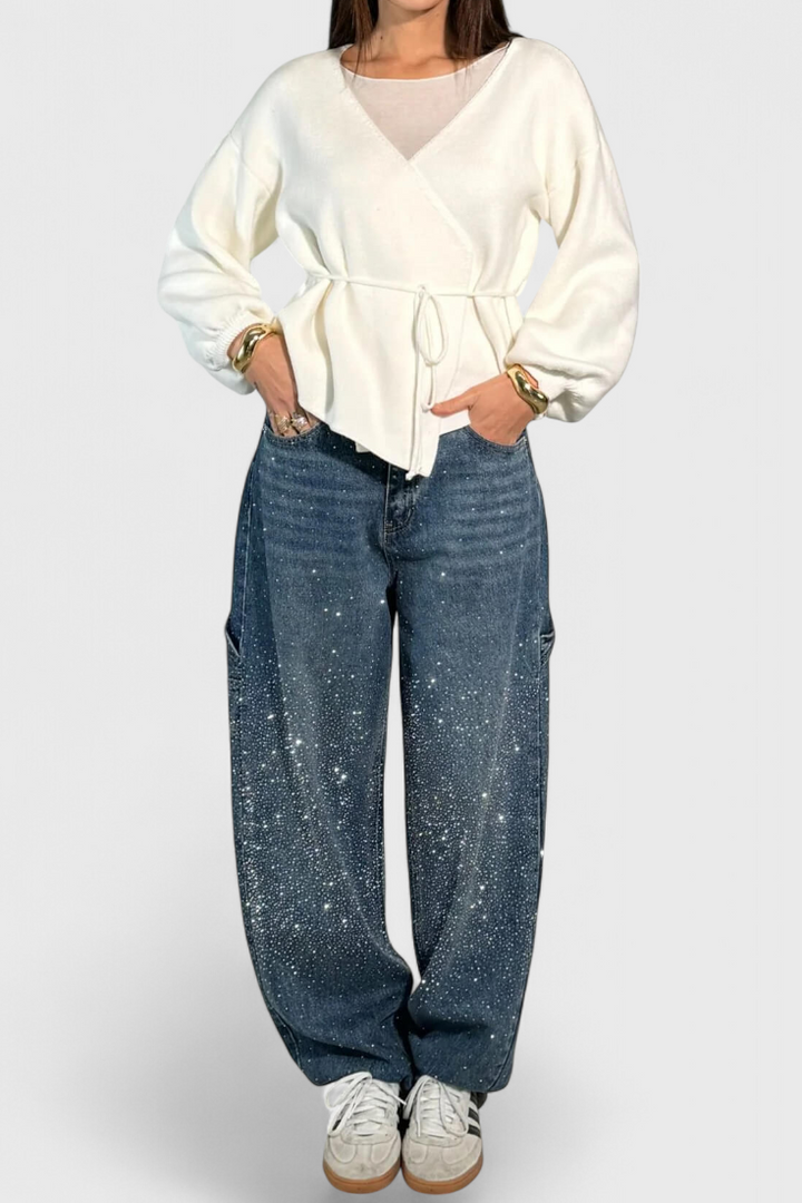 Dariya Cargo Balloon Jeans with Shine and Rhinestone Embellishments