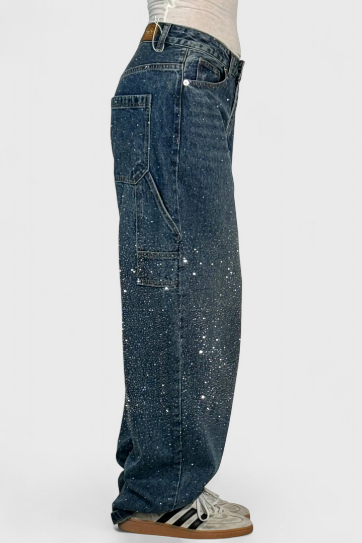 Dariya Cargo Balloon Jeans with Shine and Rhinestone Embellishments