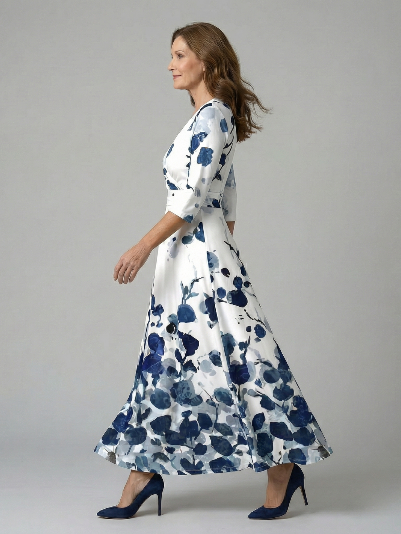 Celeste™ | Vestido Midi Floral con Escote Cruzado y Mangas Tres Cuartos