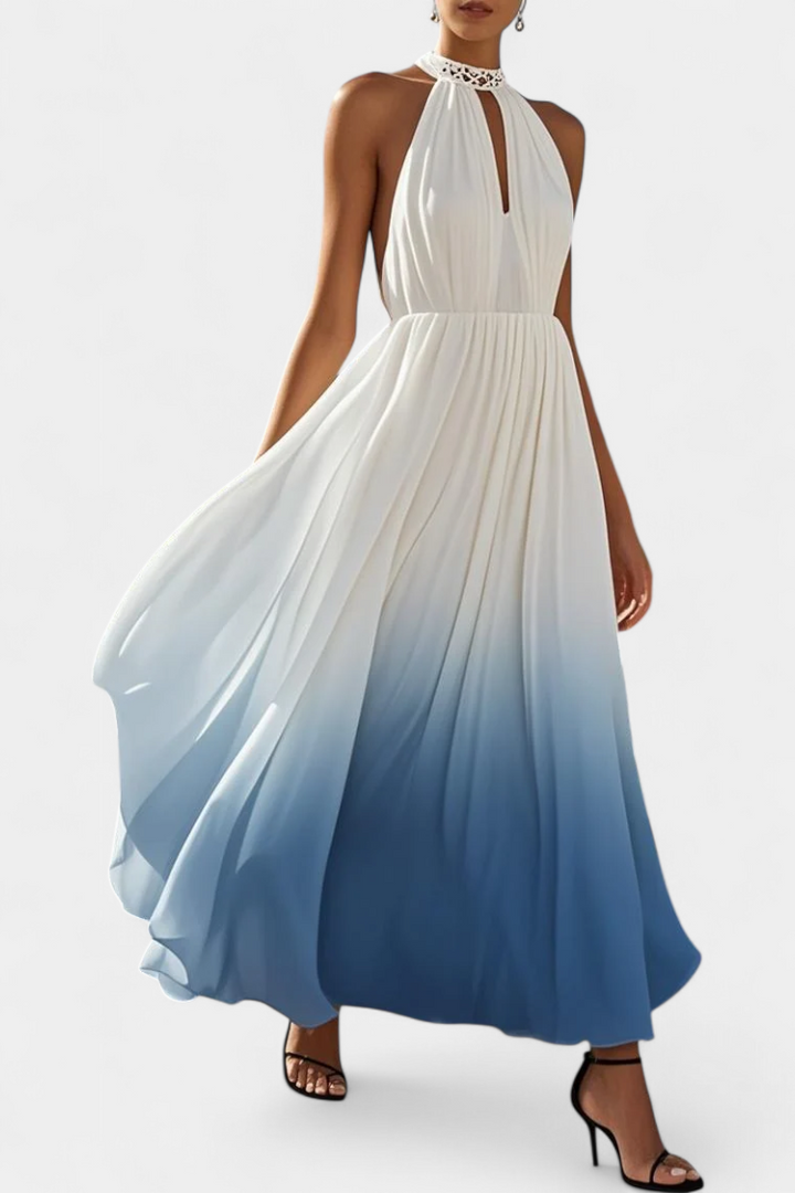 Maxi Vestido Halter Plisado Starla con Elegantes Detalles de Perlas