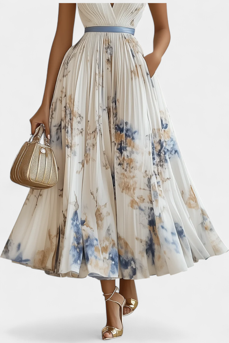 Vestido Midi Sin Mangas Elise con Estampado Floral y Pliegues