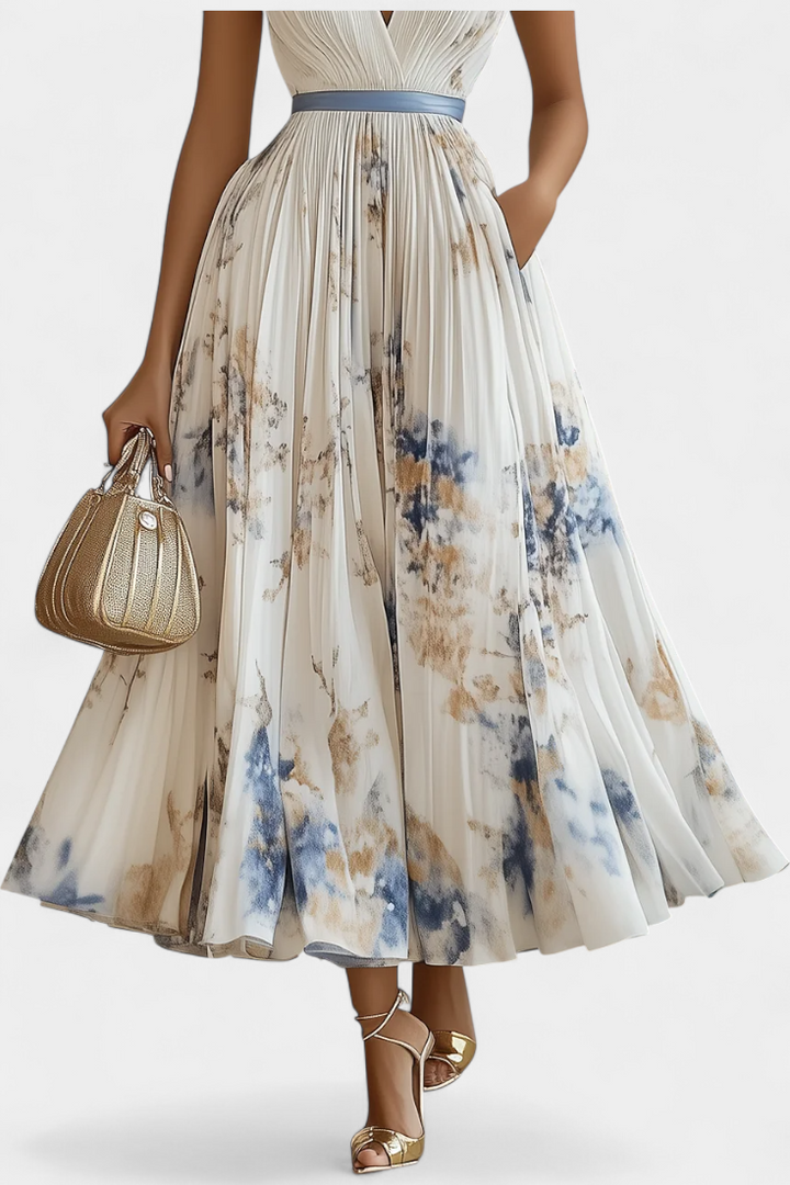 Vestido Midi Sin Mangas Elise con Estampado Floral y Pliegues