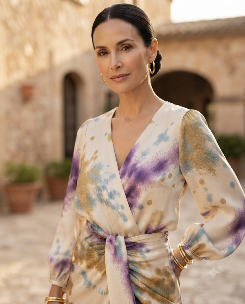 Retrato de cerca luciendo el escote en V del Vestido Kimono Acuarela