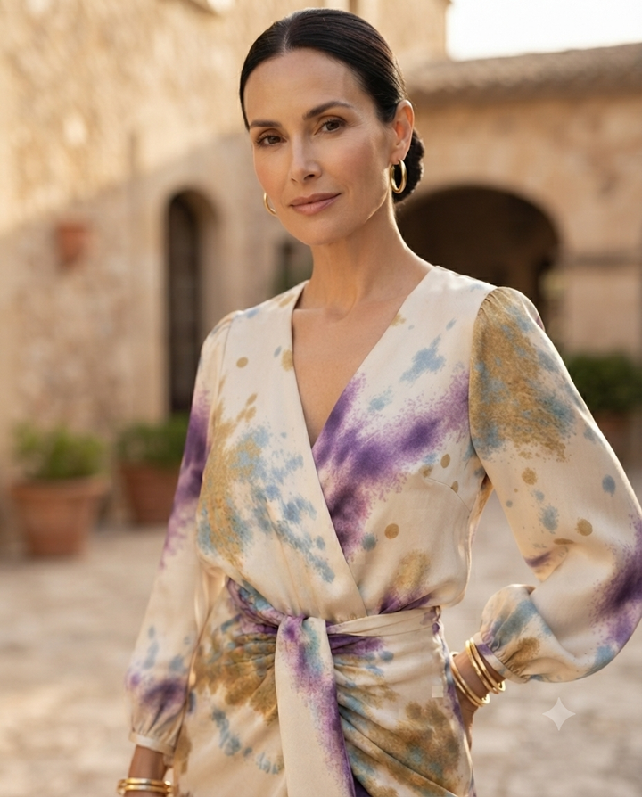 Retrato de cerca luciendo el escote en V del Vestido Kimono Acuarela
