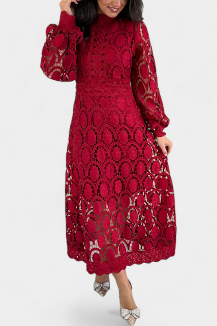 Jovie Vestido Midi de Encaje con Bordado y Cuello Alto