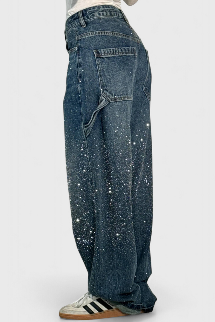 Dariya Cargo Balloon Jeans with Shine and Rhinestone Embellishments