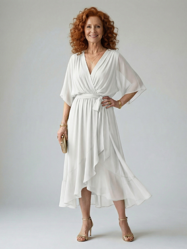 Elvira™ | Vestido Midi con Drapeado, Cinturón y Mangas de Codo