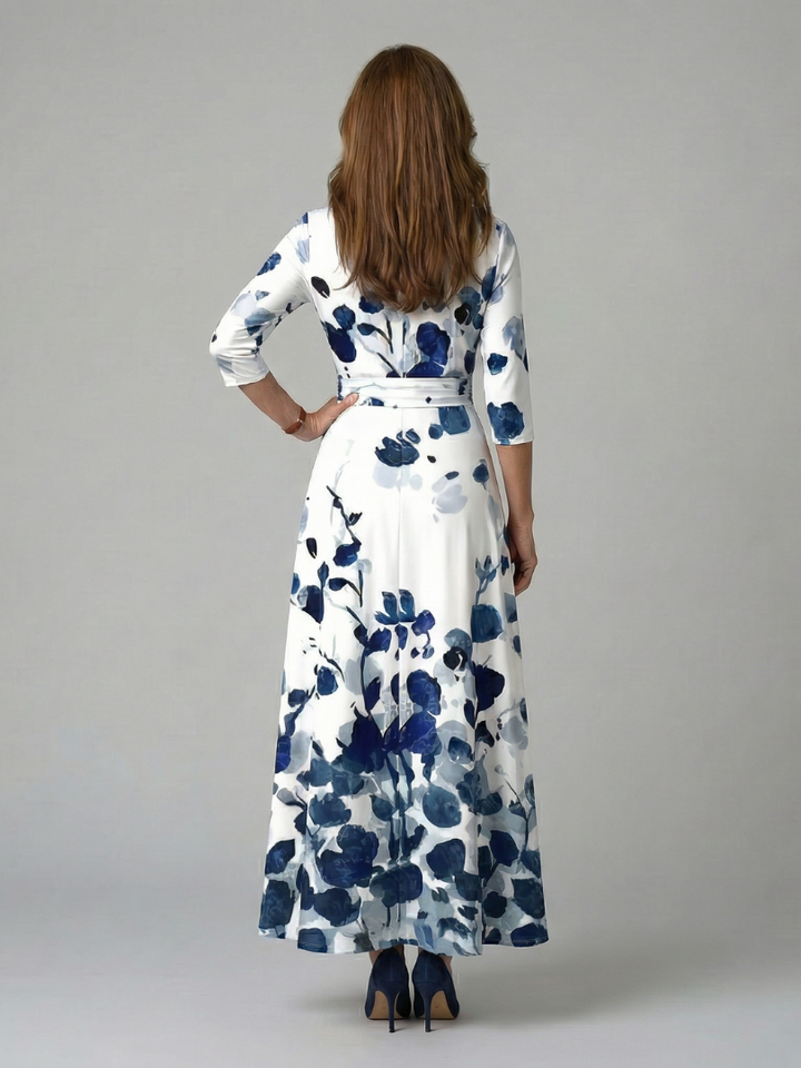 Celeste™ | Vestido Midi Floral con Escote Cruzado y Mangas Tres Cuartos