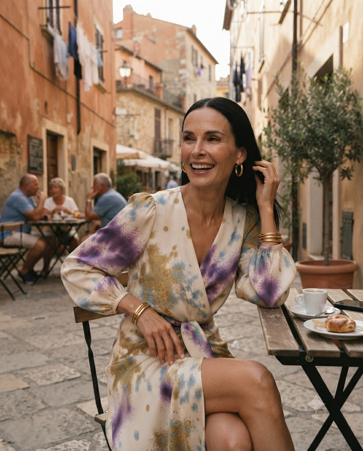 Vestido Kimono Acuarela llevado en un ambiente casual de calle mediterránea